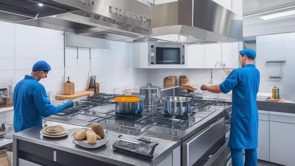 Modern konyha telepítési jelenet professzionális technikus indukciós főzőlap beépítése eszközökkel és biztonsági felszereléssel