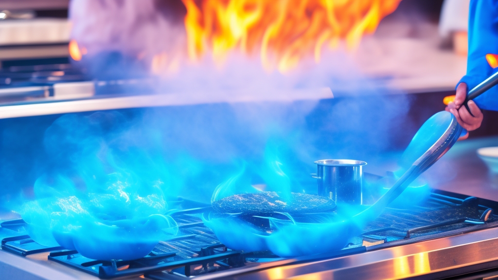 Profi szakács főz gáztűzhelyen látható kék lángokkal, precíz lángszabályozást bemutató professzionális konyhai környezetben