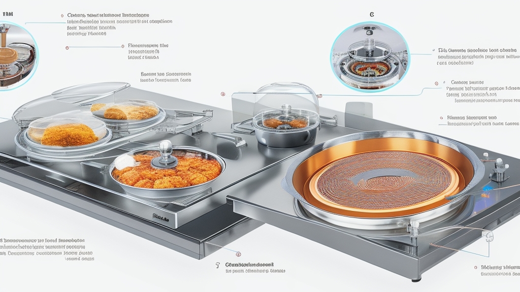 Indukciós főzőlap technológia keresztmetszeti diagramja elektromágneses tekercsekkel üvegfelület alatt mágneses mezővonalakkal