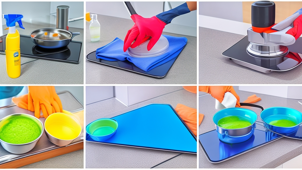 Lépésről lépésre indukciós főzőlap tisztítási folyamat gumikesztyűs kézzel mikroszálas kendővel üvegkerámia felületen