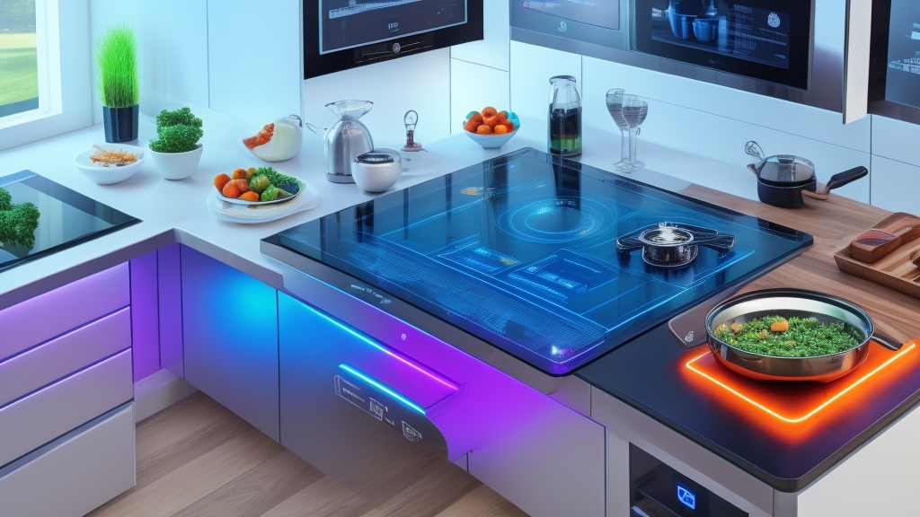 Futurisztikus okos konyha fejlett indukciós főzőlappal digitális kijelzőkkel és smartphone kapcsolattal a főzési technológia jövőjét bemutatva